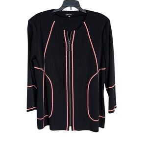 Misook Zip Front Cardigan Sweater Black Coral Pink Trim Long Sleeve Black Large